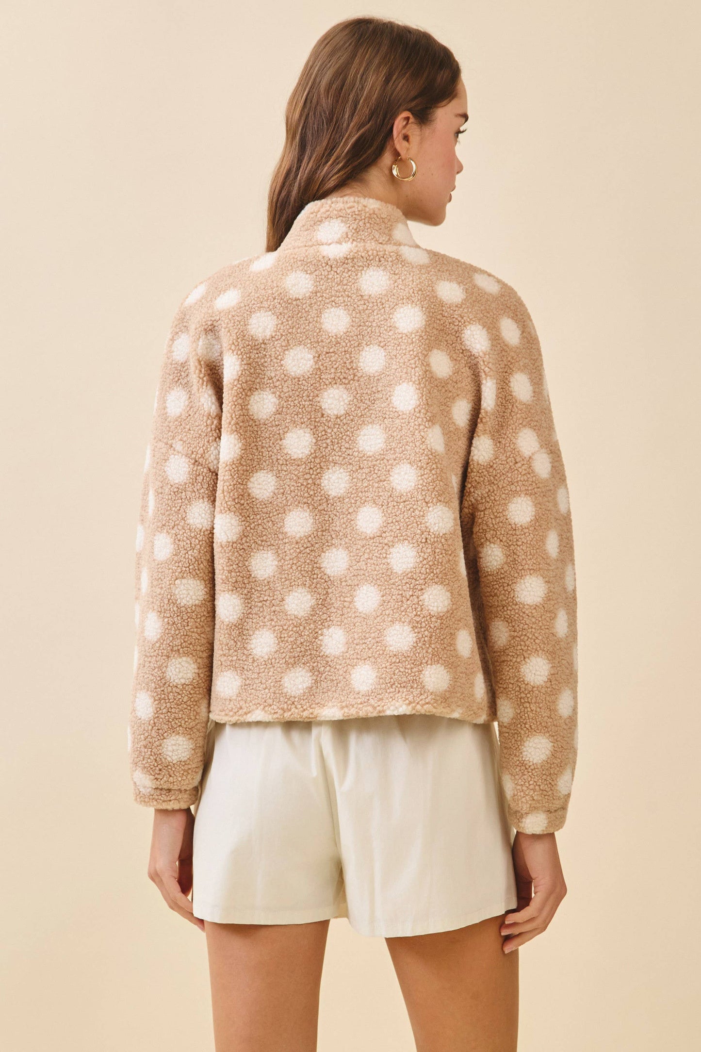 Polka Dot High Collar Front Zip Sherpa Jacket