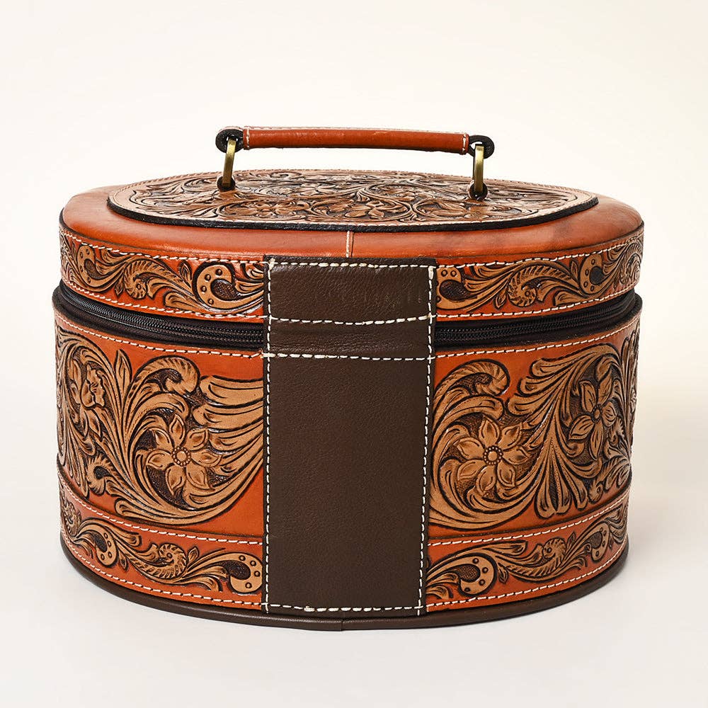 Western Hand Tooled Leather Jewelry Case Oval Floral Organizer