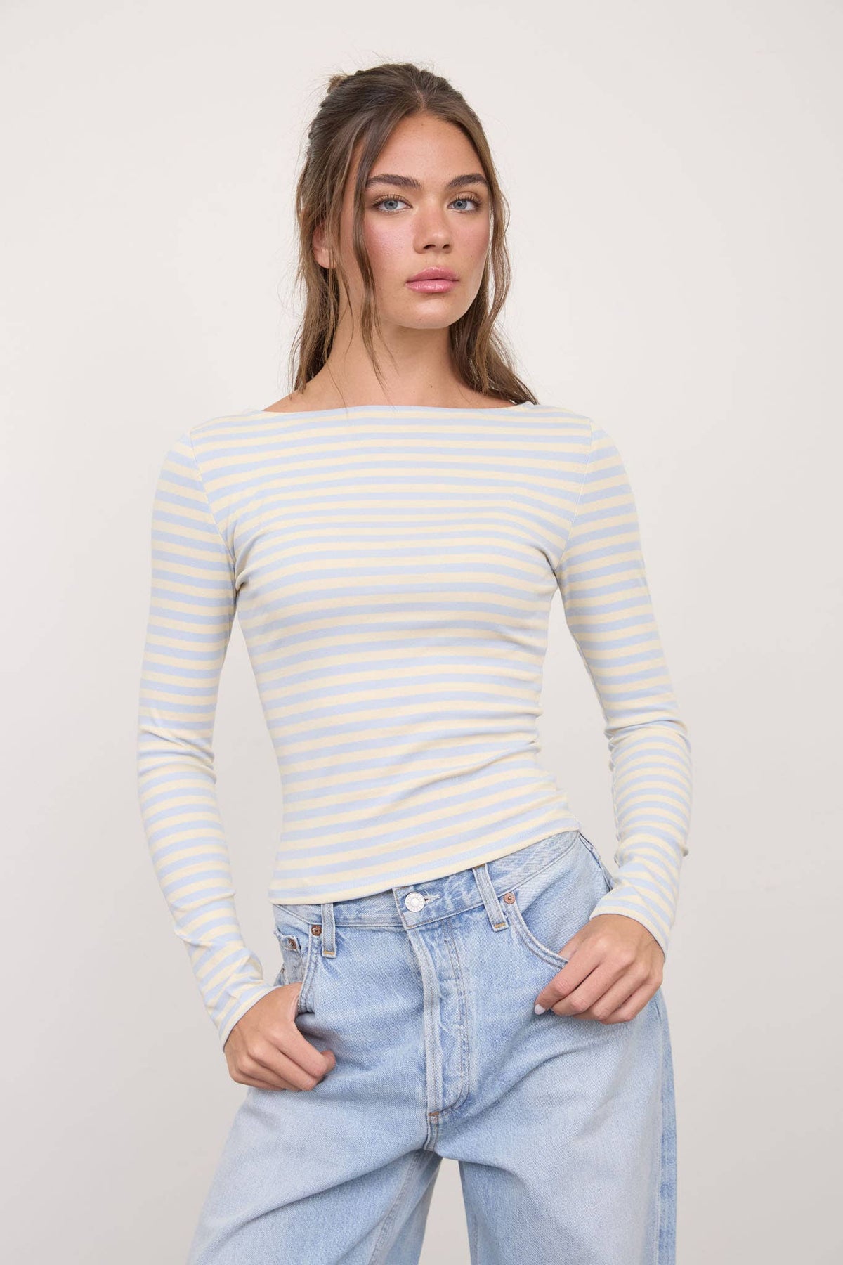 The Workshop Studio - BOAT NECK STRIPE LONG SLEEVE KNIT TOP