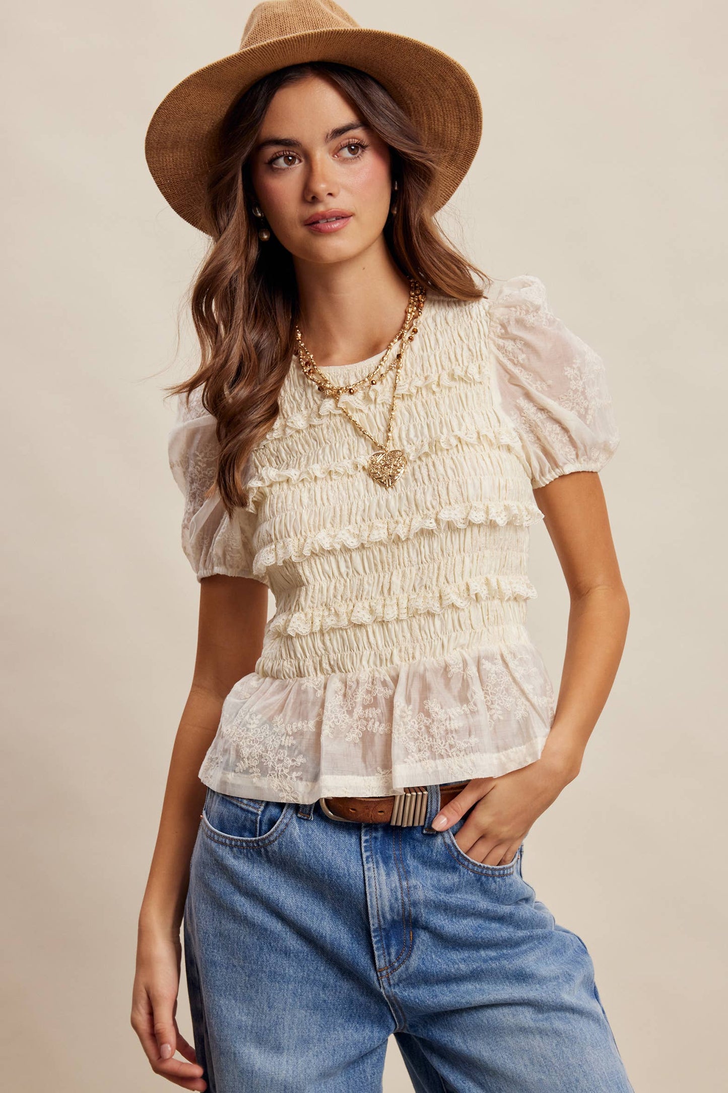 Listicle - Smocked Lace Puff Sleeve Top LT1472