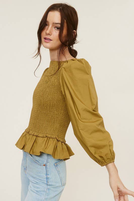 Puff Sleeve Ruched Peplum Blouse