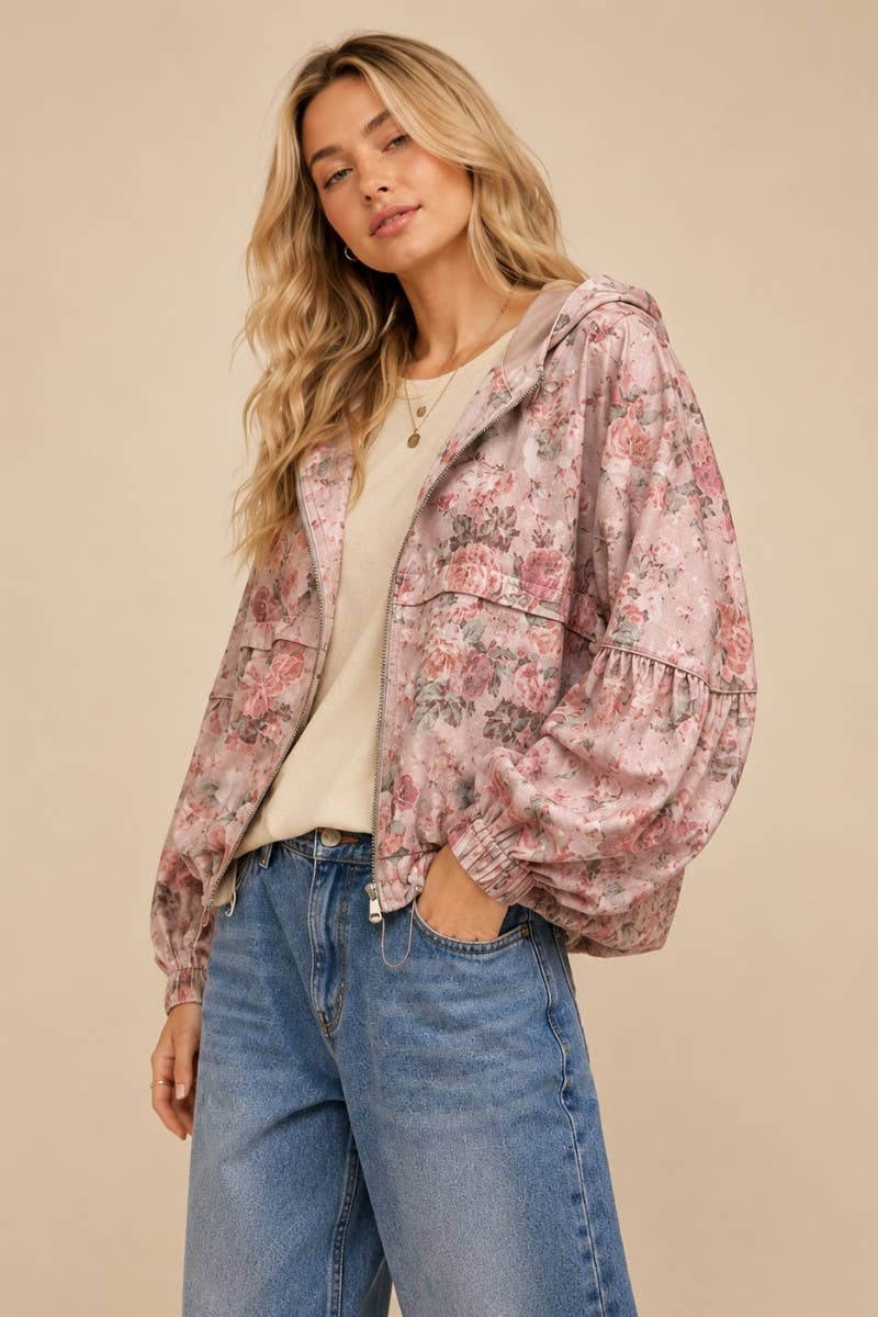 J.NNA - DENIM FLORAL PATTERN HOODED JACKET
