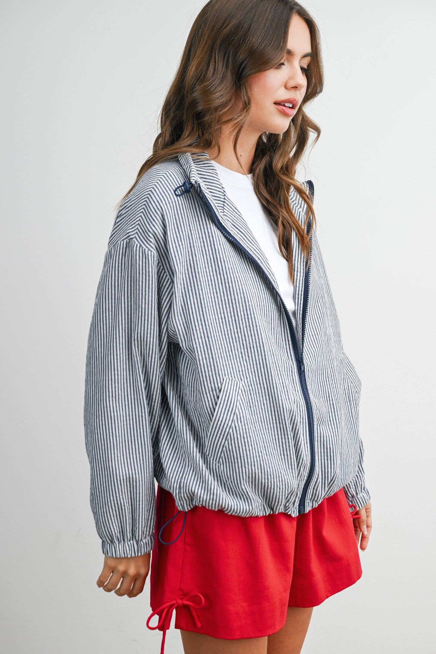 BUTTERMELON - Striped Collared Zip-Front Drawstring Jacket - BMJ7991: BROWN MULTI / S
