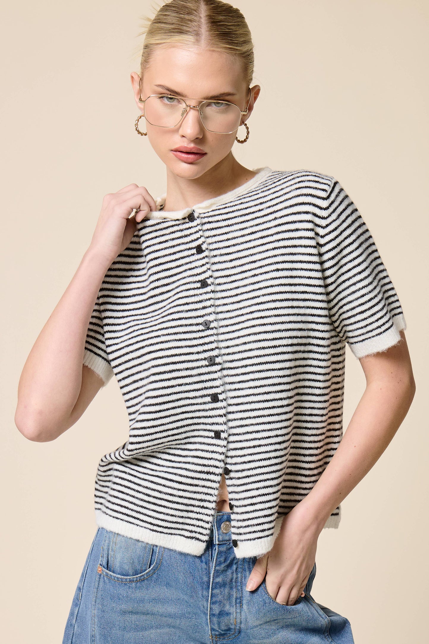 Mimosa - Striped Short Sleeve Button Cardigan