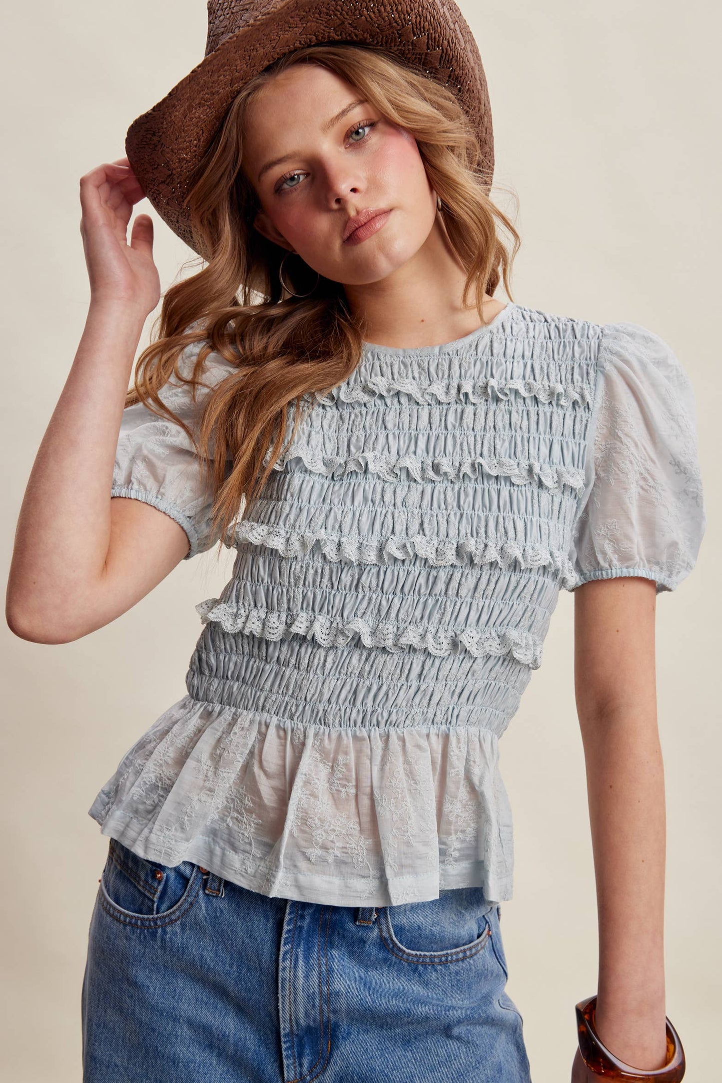 Listicle - Smocked Lace Puff Sleeve Top LT1472