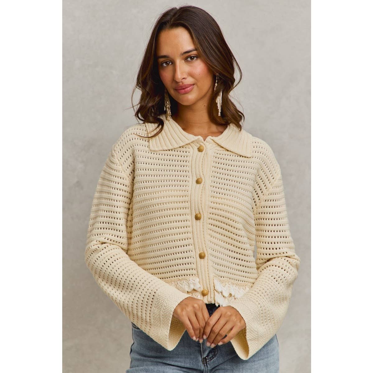 IVE - Textured Button Down Sweater Collared Cardigan