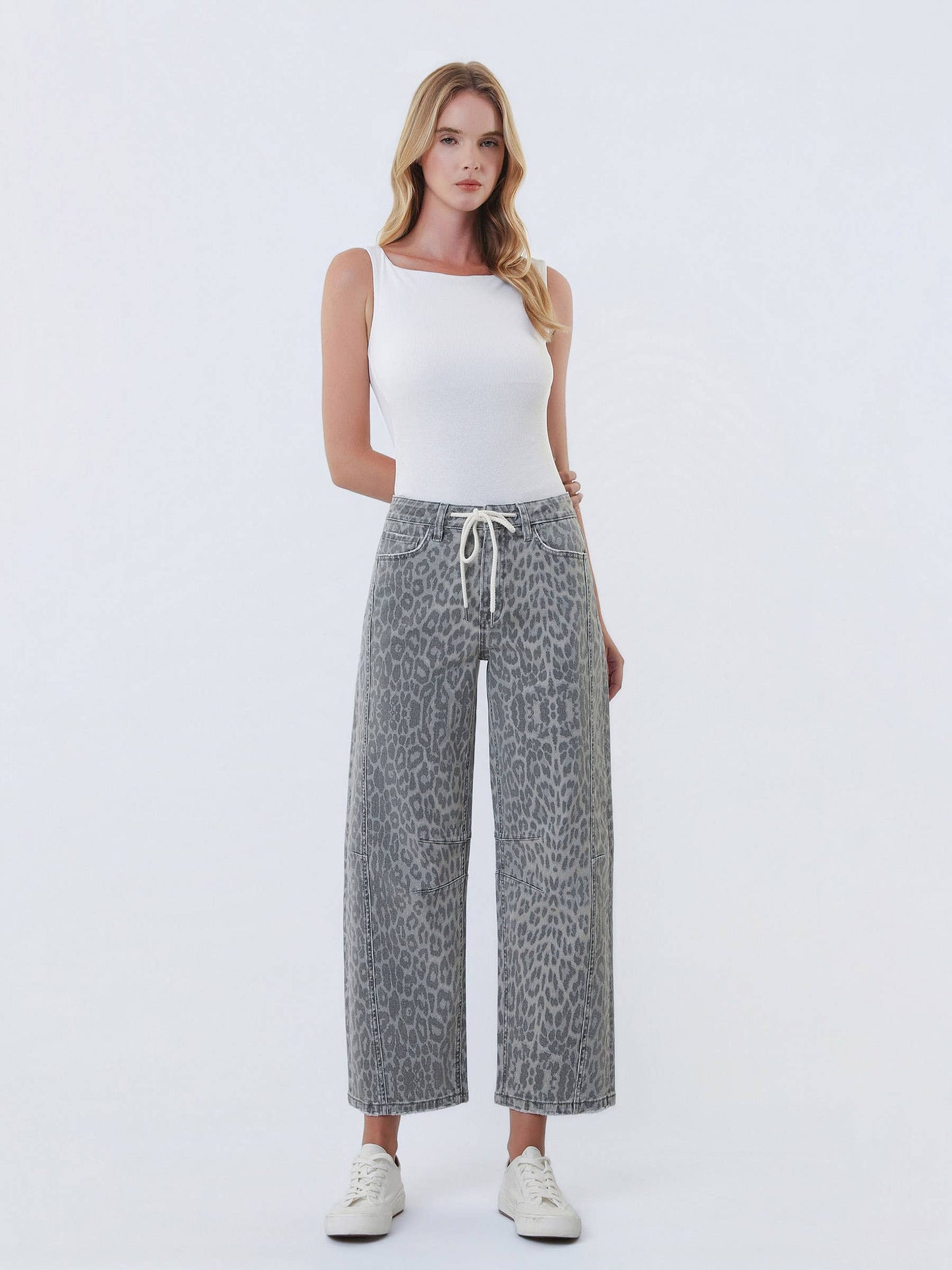 HIGH RISE DRAWSTRING GREY LEOPARD BARREL JEANS