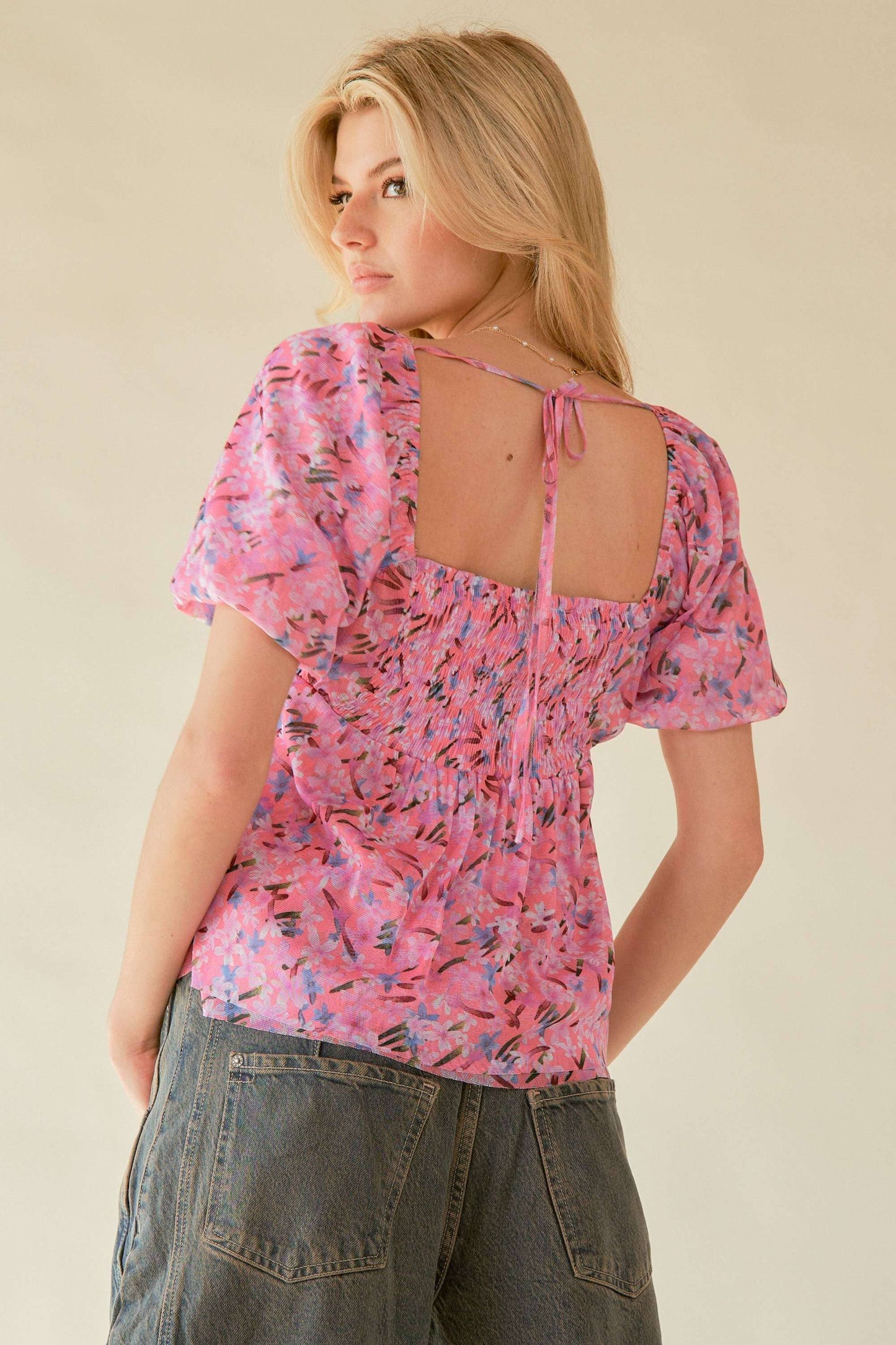 FLORAL PRINTED PUFF DOUBLE LAYERED MESH TOP BLOUSE
