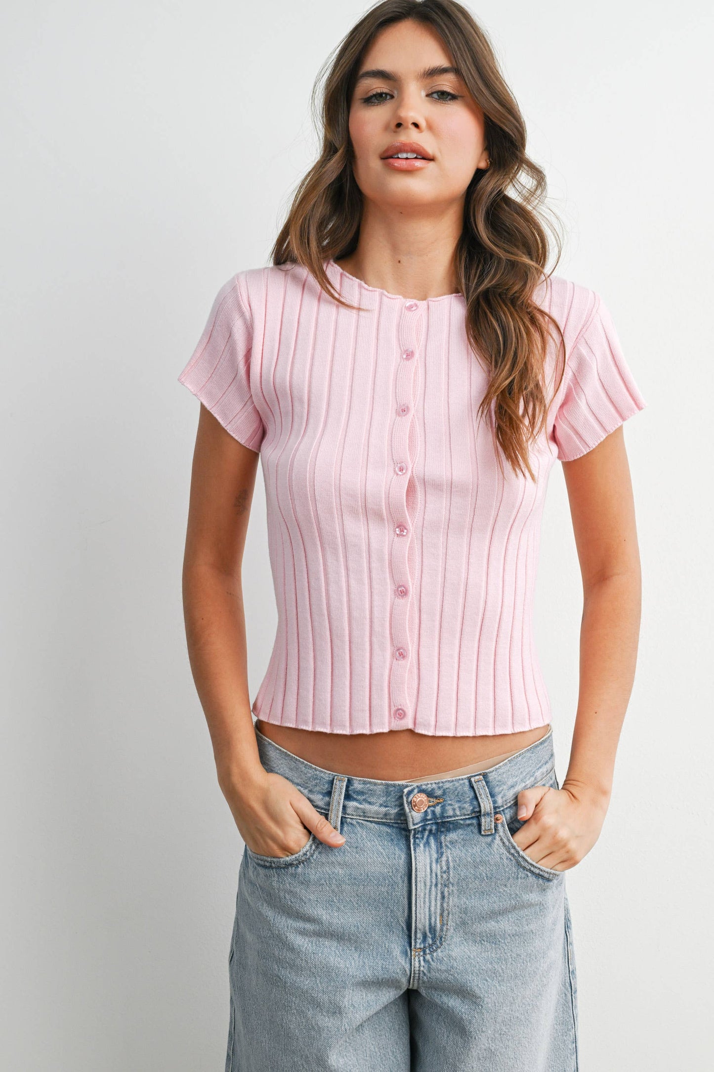 Ribbed Short Sleeve Buttoned Top