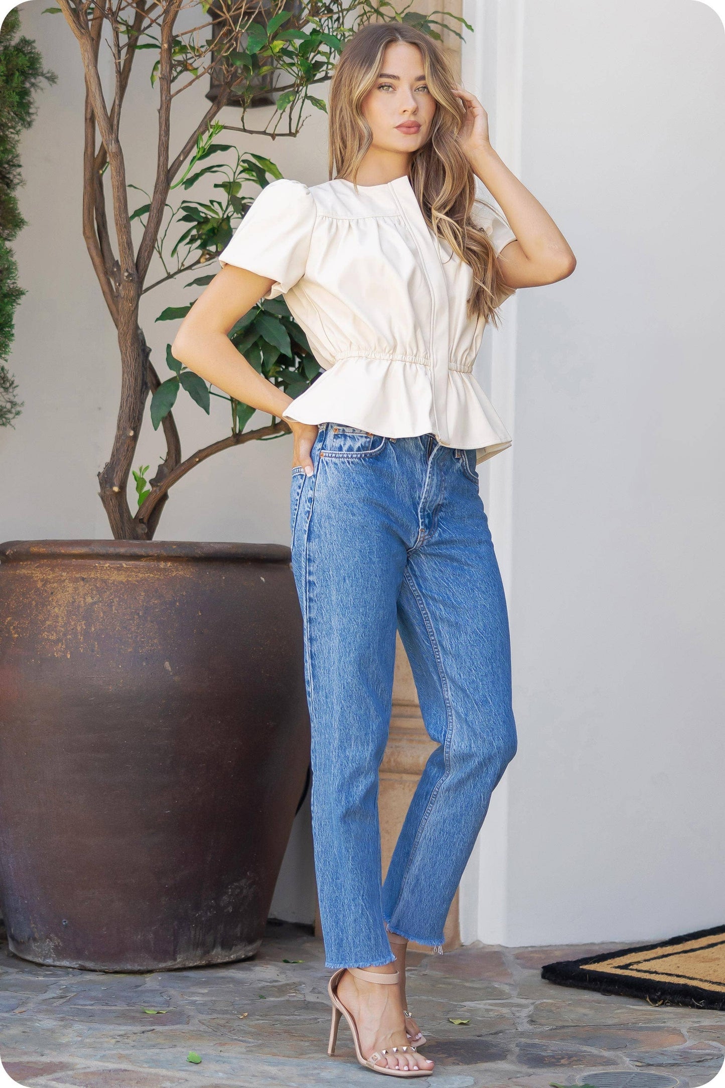 Faux Leather Puff Sleeve Top