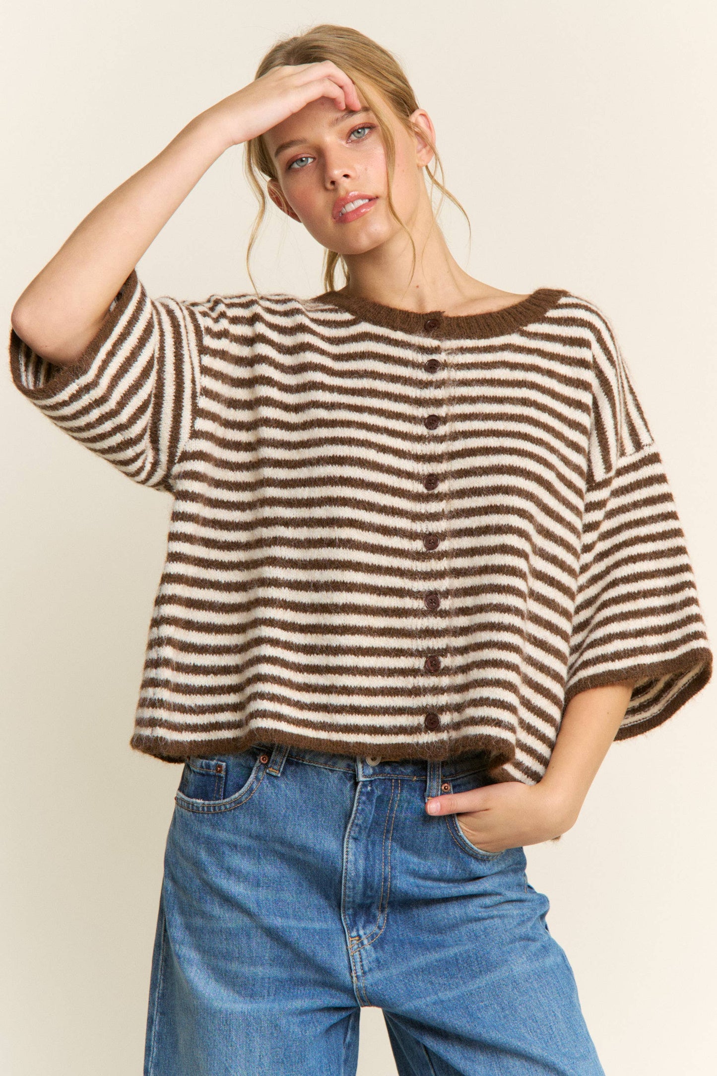 Brown Striped Cropped Soft Knit Cardigan