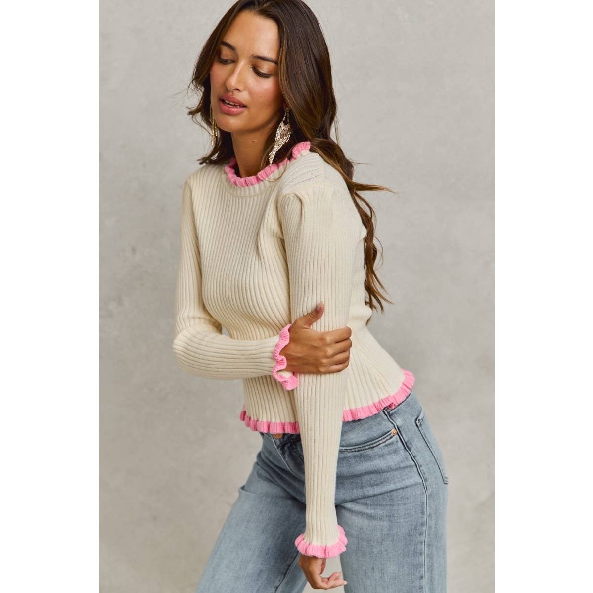 IVE - Ruffle Edge Ribbed Sweater Knit Top