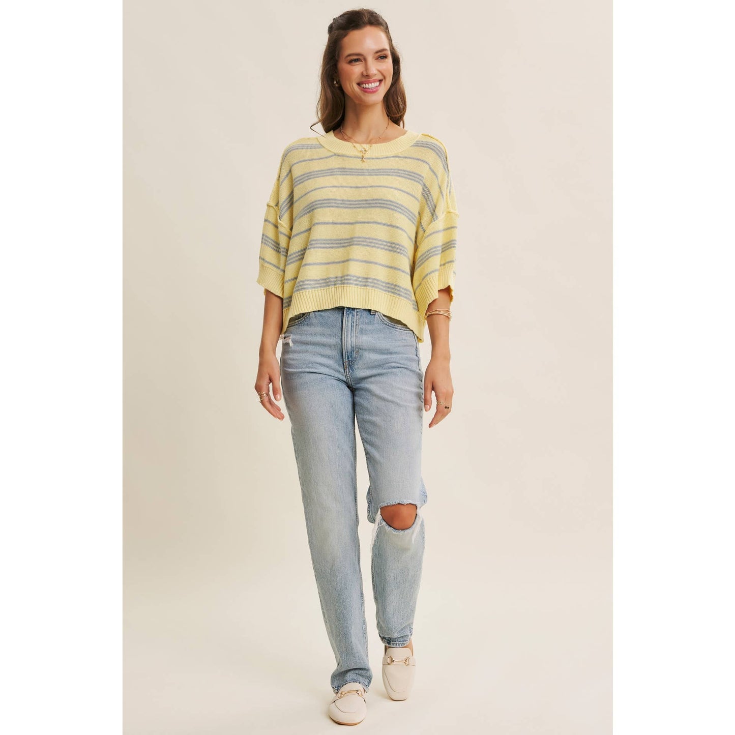 in february - ESSENSE OF WEEKENDS BOXY STRIPE SWEATER WITH DROP SHOULDERS