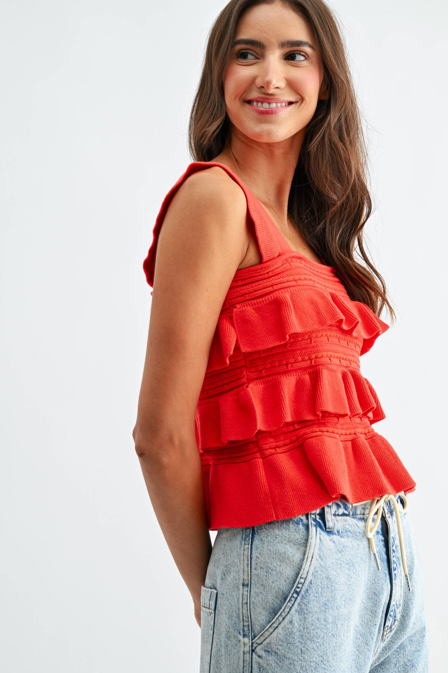 Camellia - CW10030E Red Ruffled Knit Sleeveless Top