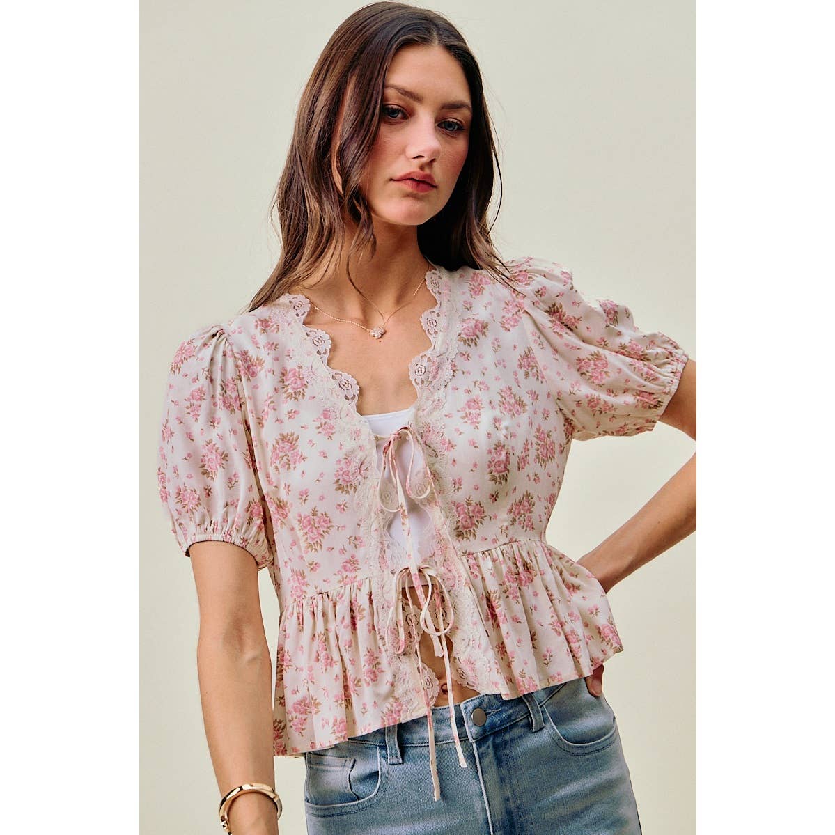 So Me - FLORAL SCALLOP LACE TRIMMED RIBBON TIE BLOUSE  TOP