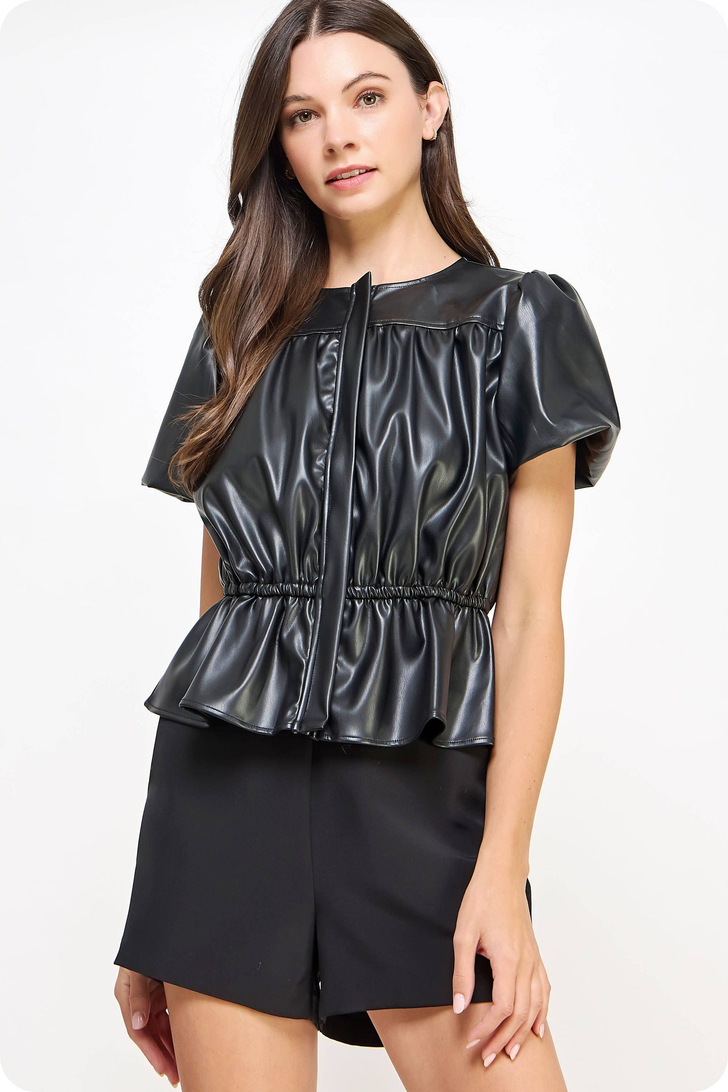 Faux Leather Puff Sleeve Top
