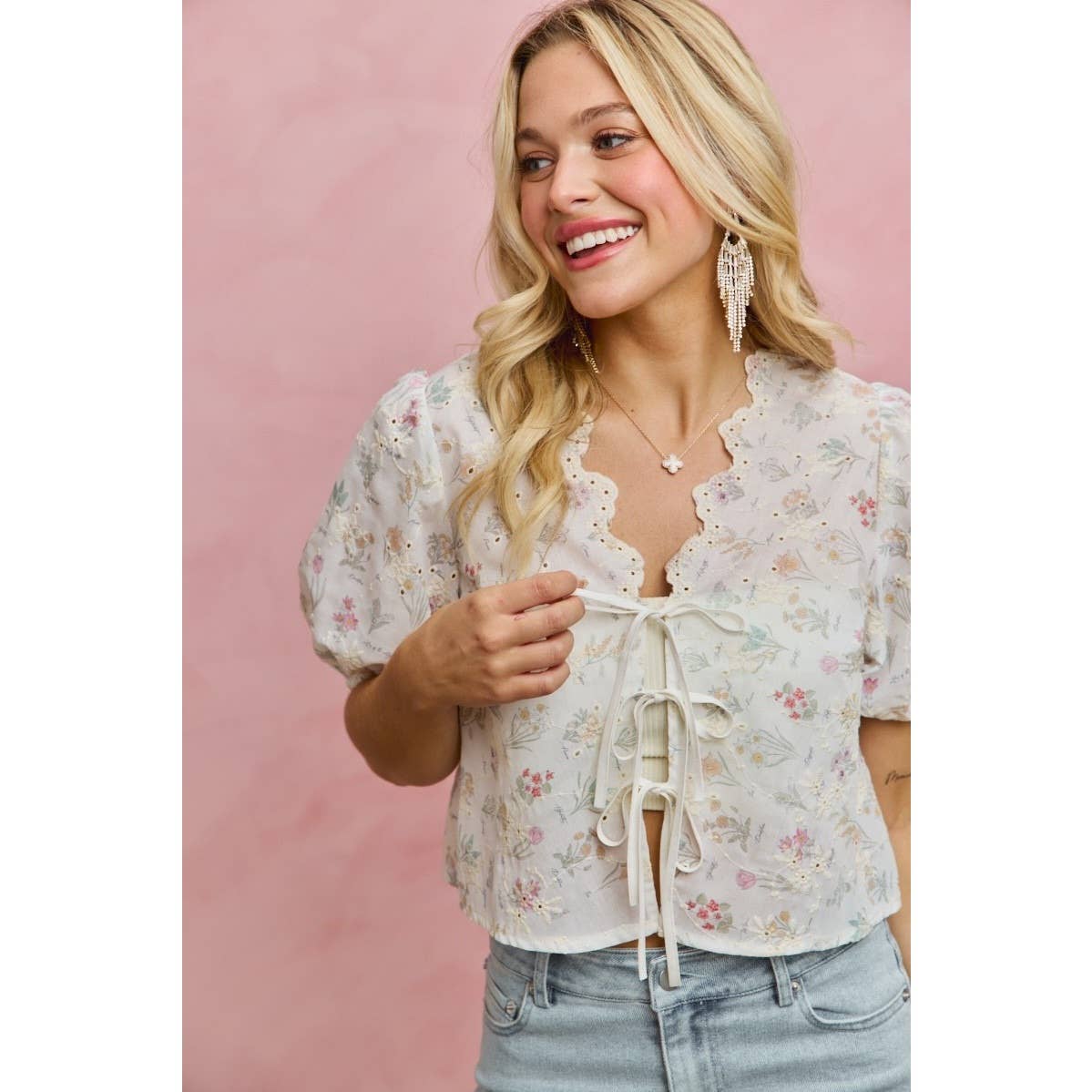 Floral Print Eyelet Scallop Edge Front Tie Top