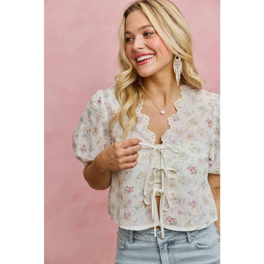 Floral Print Eyelet Scallop Edge Front Tie Top