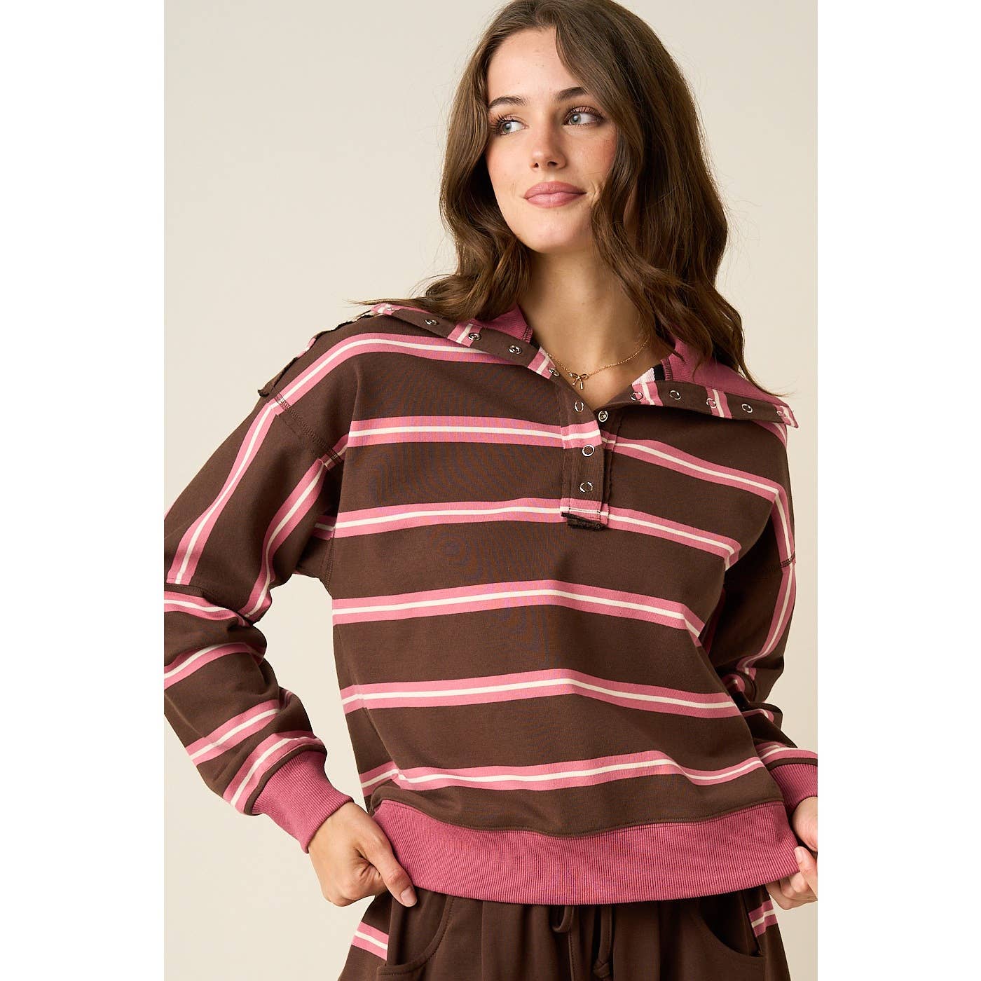 STRIPED CONTRAST SNAP COLLAR LONG SLEEVE PULLOVER