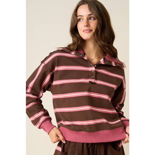 STRIPED CONTRAST SNAP COLLAR LONG SLEEVE PULLOVER