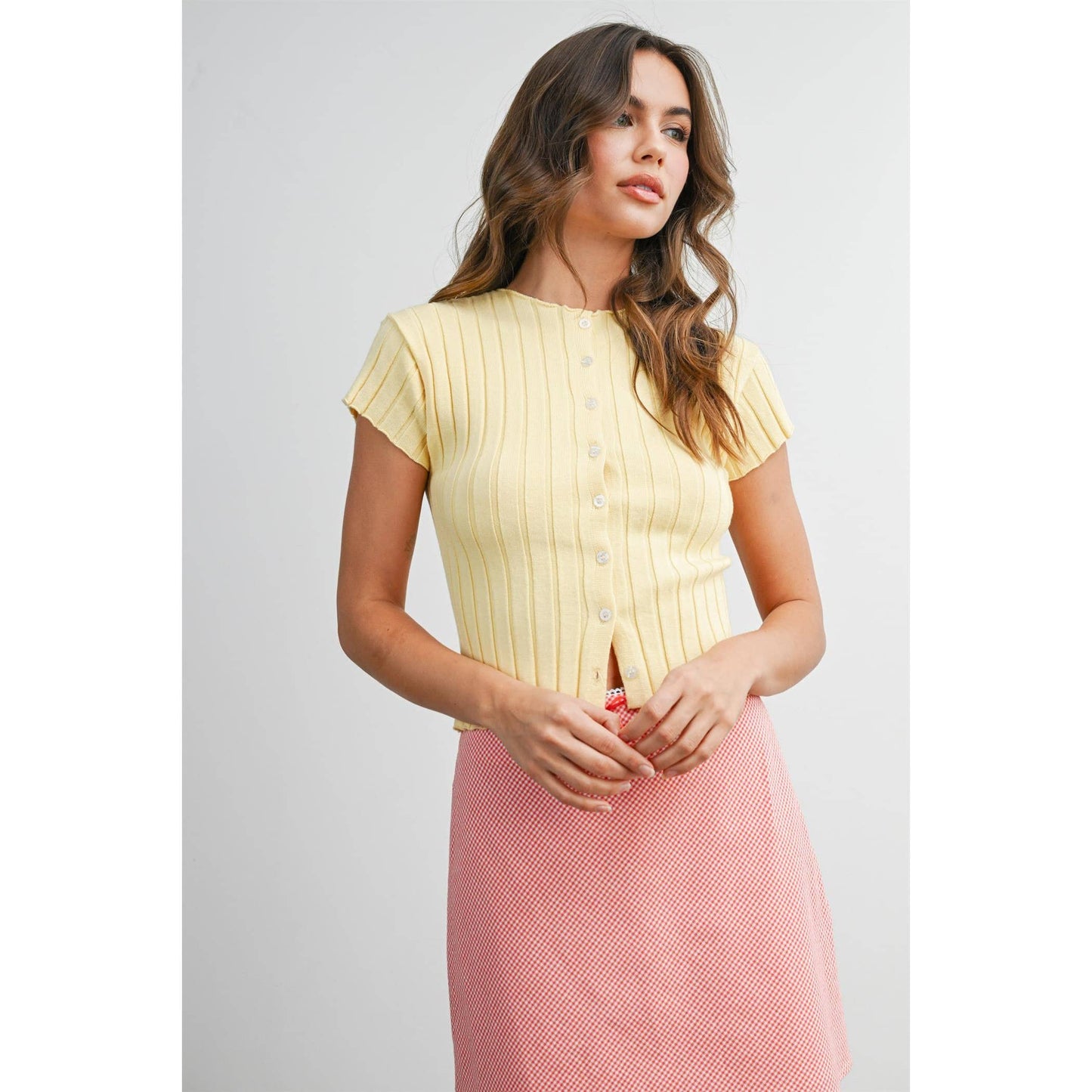 Ribbed Short Sleeve Buttoned Top