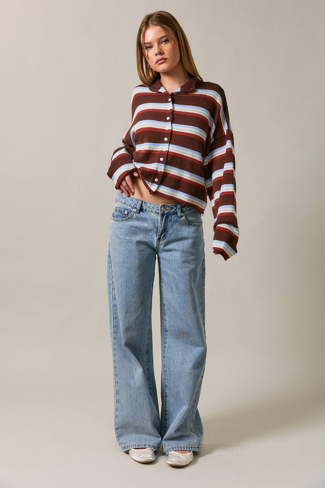 LE LIS - ROLL HEM BUTTONS DETAIL STRIPED CARDIGAN
