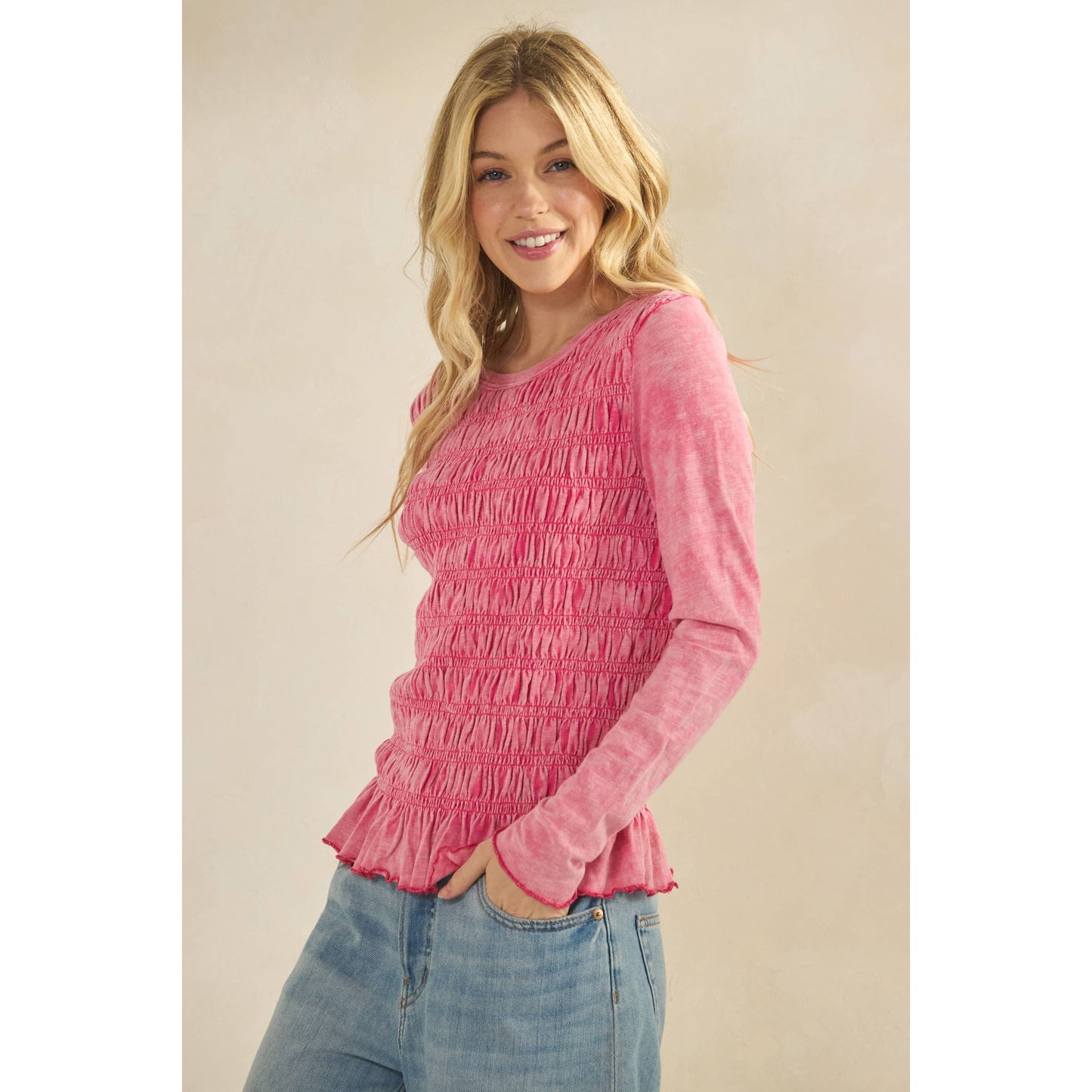 Smocked Peplum Long Sleeve Top