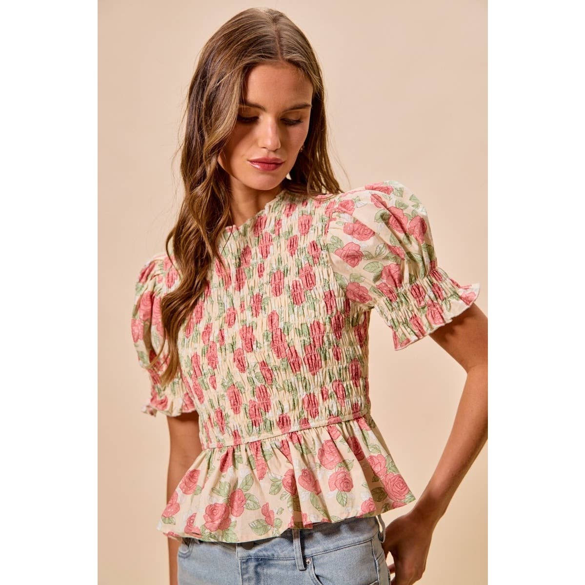 Floral Rose Print Smocked Short Sleeves Blouse Top