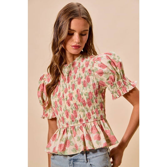 Floral Rose Print Smocked Short Sleeves Blouse Top