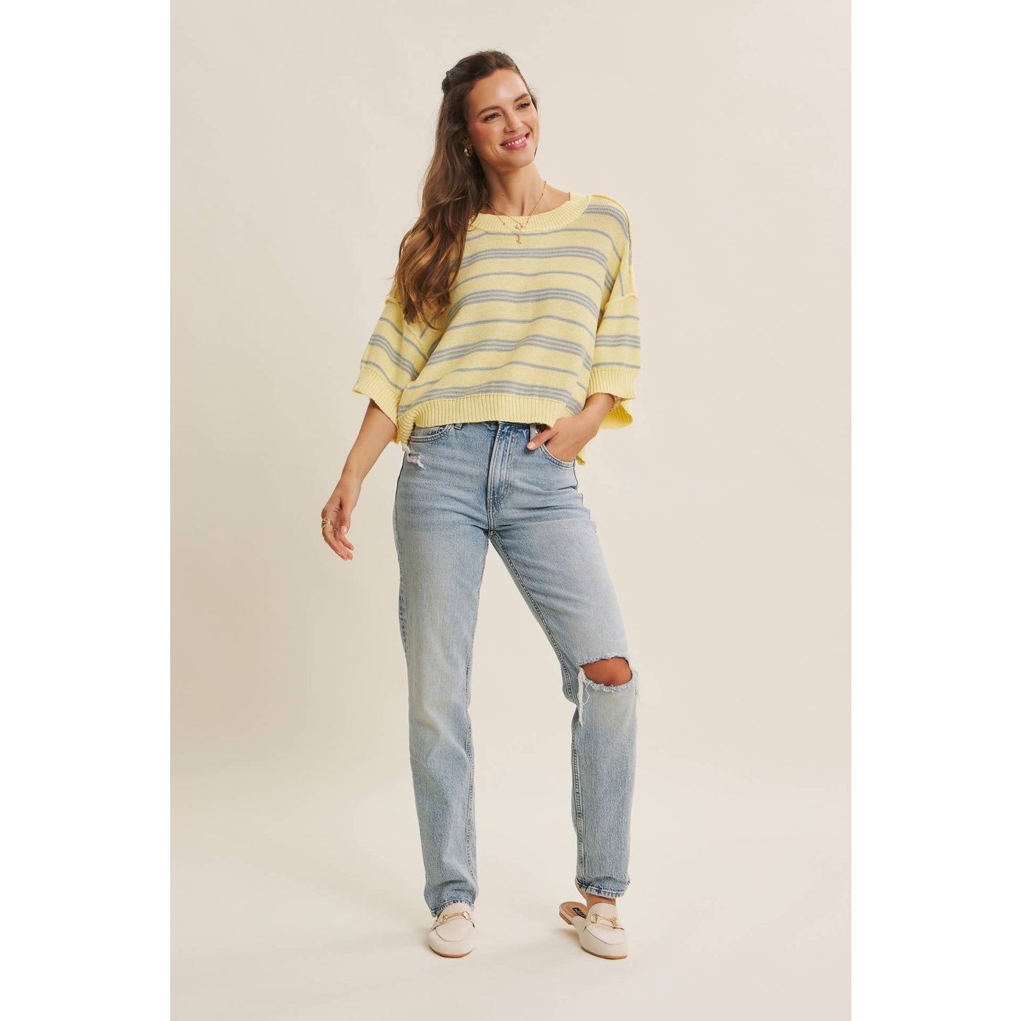 in february - ESSENSE OF WEEKENDS BOXY STRIPE SWEATER WITH DROP SHOULDERS