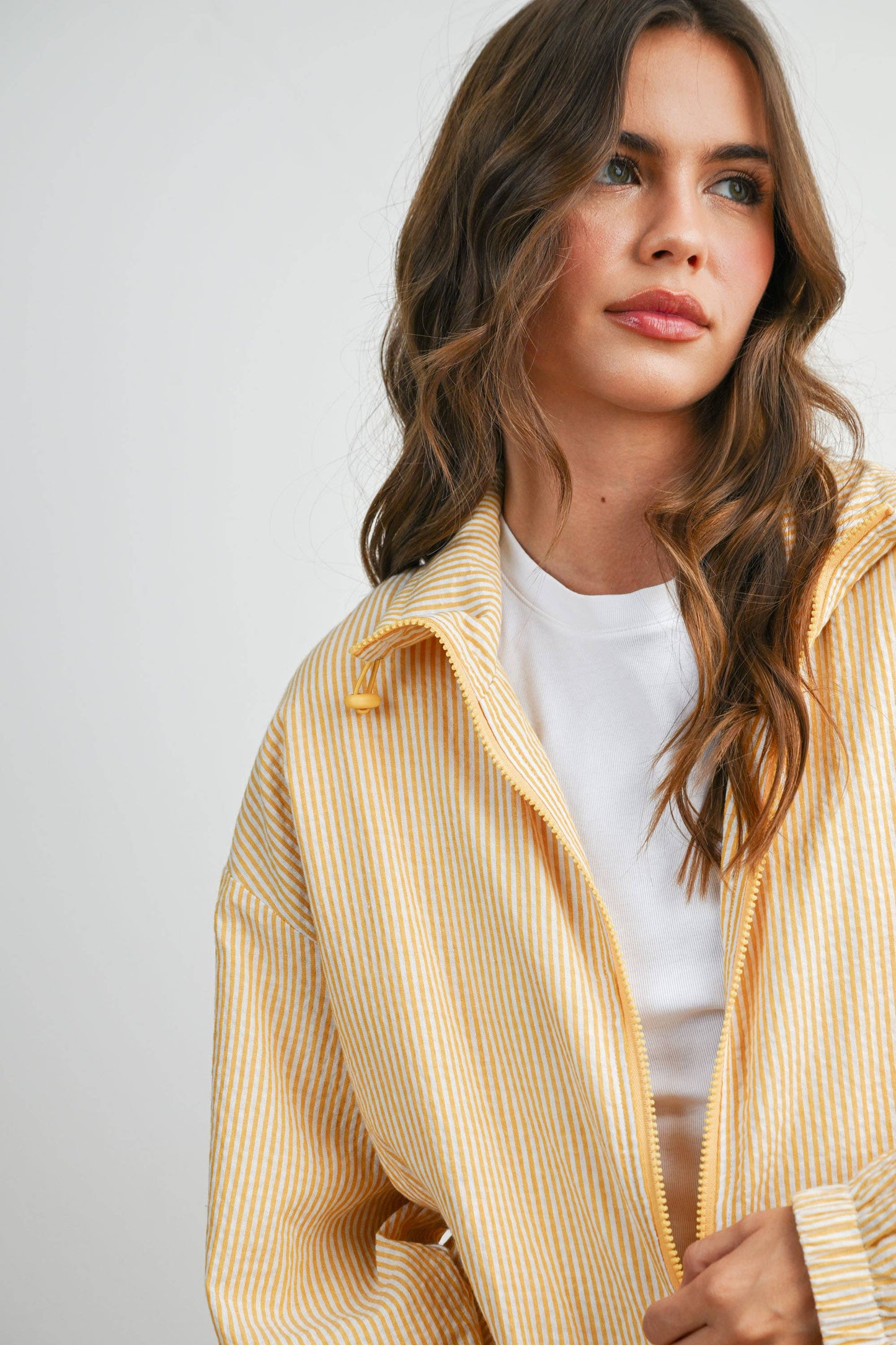 BUTTERMELON - Striped Collared Zip-Front Drawstring Jacket - BMJ7991: BROWN MULTI / S