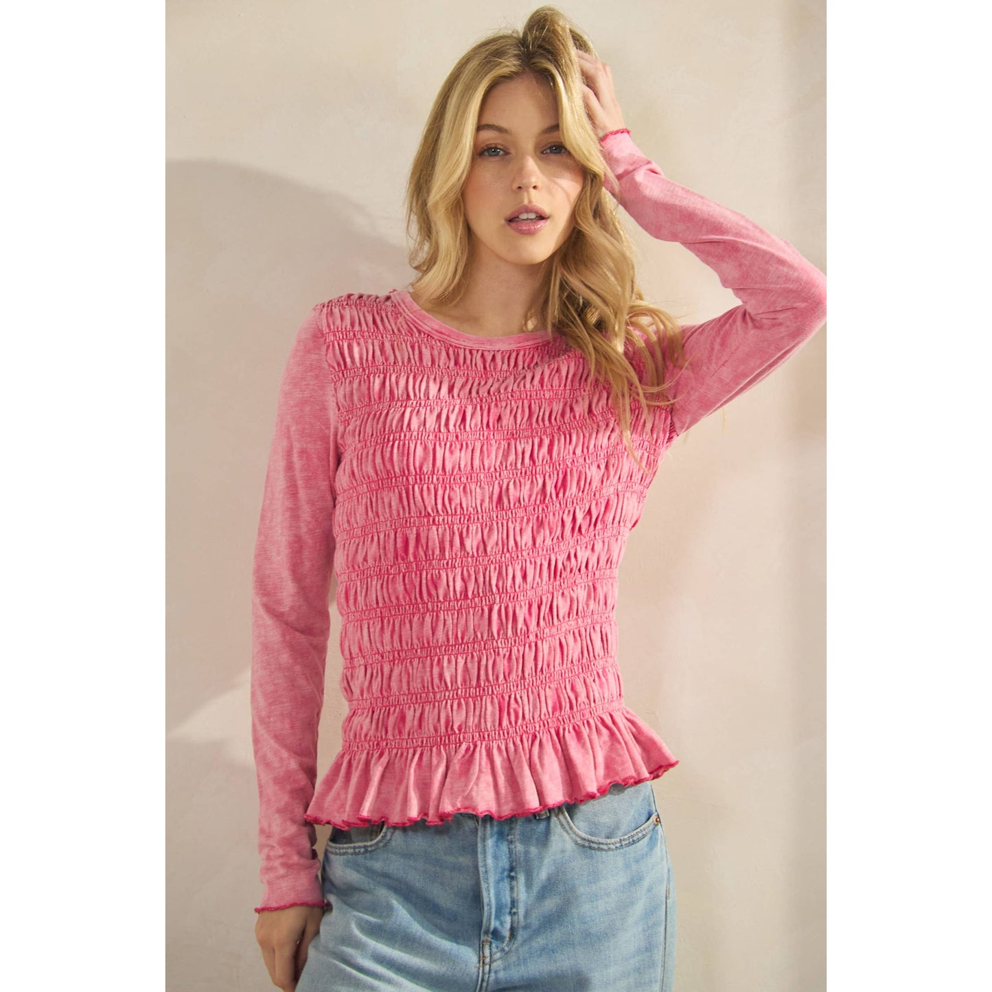 Smocked Peplum Long Sleeve Top