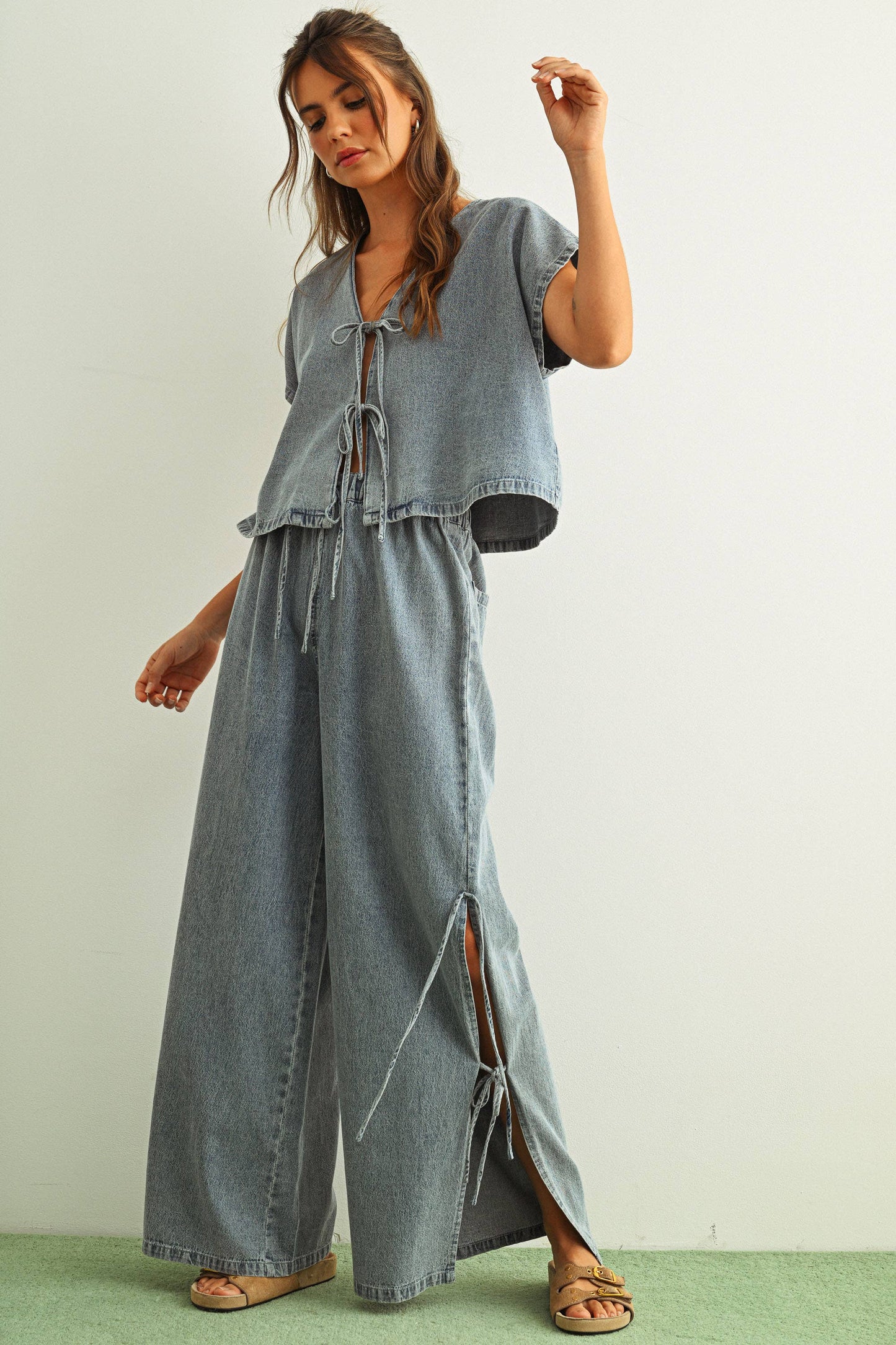 MIOU MUSE - T4768ST   DENIM TIED FRONT BLOUSE