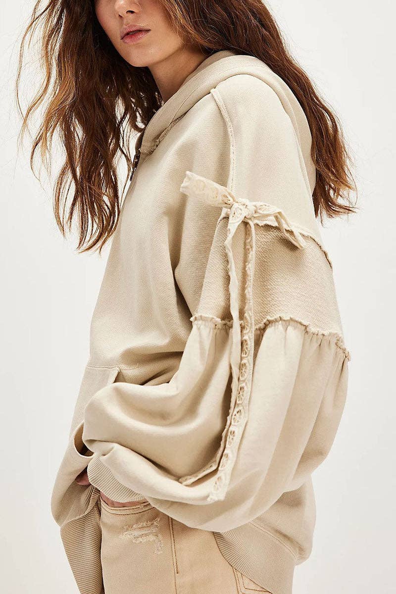 Mccolin - Tie-Sleeve Puff Zip-Up Hoodie