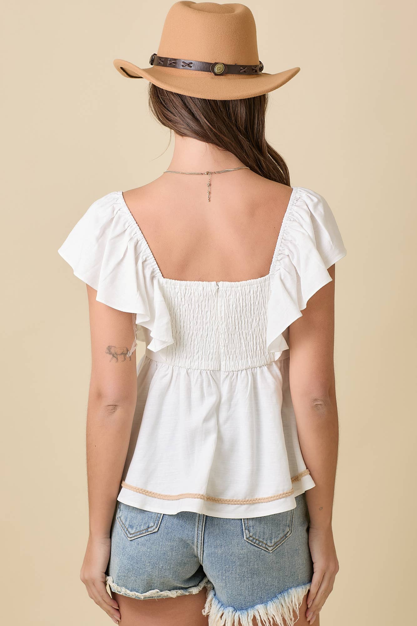 Ruffle Sleeve Peplum Blouse With Rope Embroidery