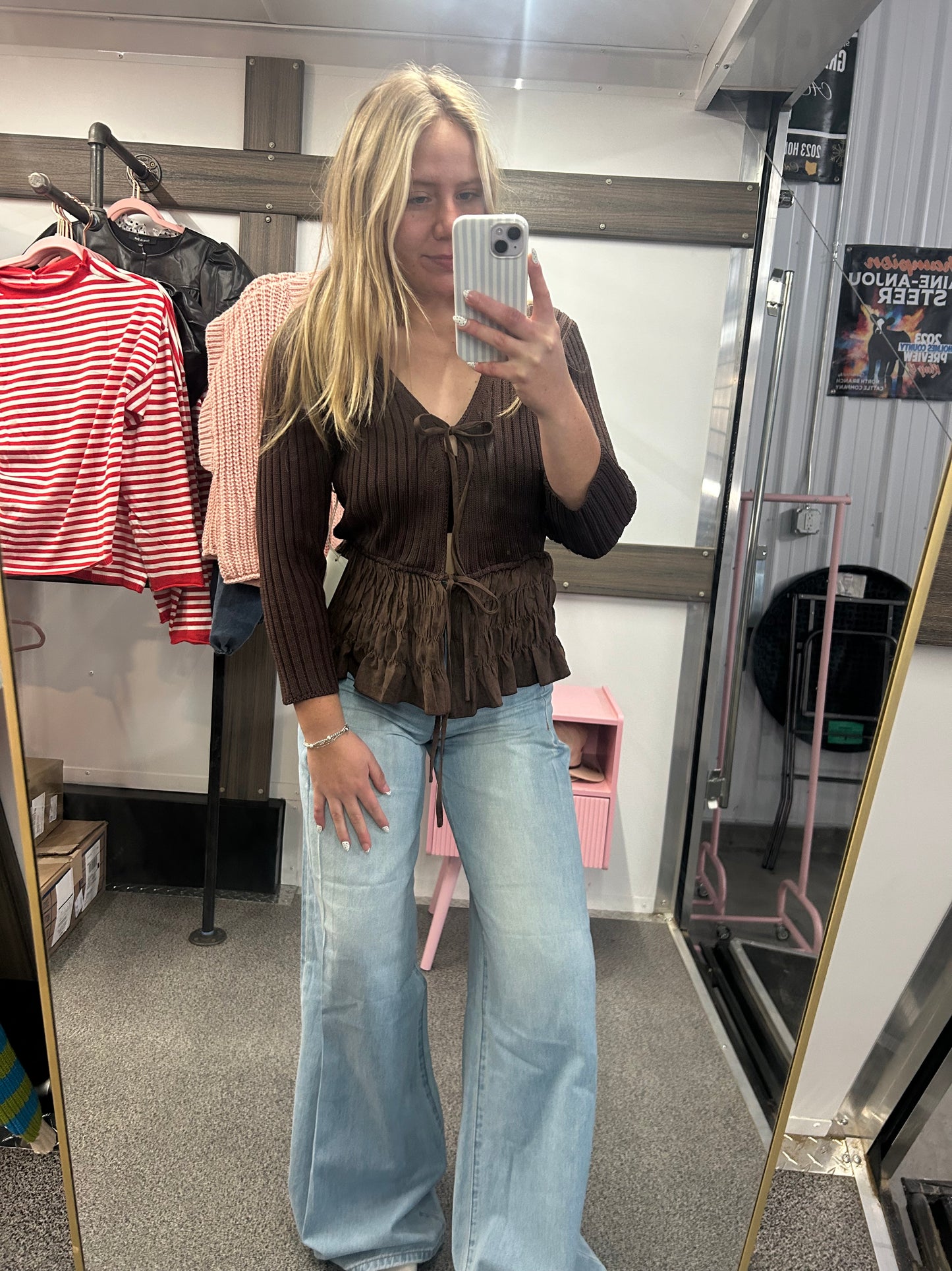 TEXTURED KNIT BLOUSE WITH RUCHED PEPLUM
