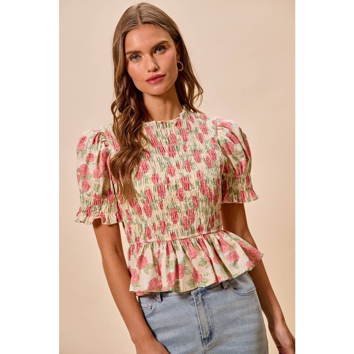 Floral Rose Print Smocked Short Sleeves Blouse Top