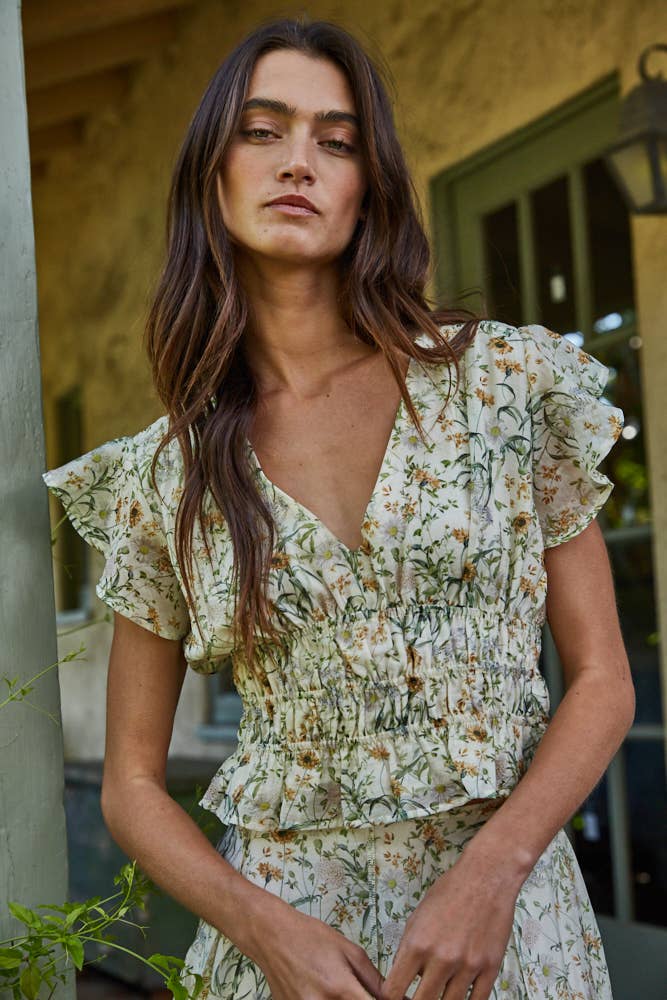 By Together - L9353T2 | Woven Tencel Nylon Floral Print V-Neck Ruffle Top