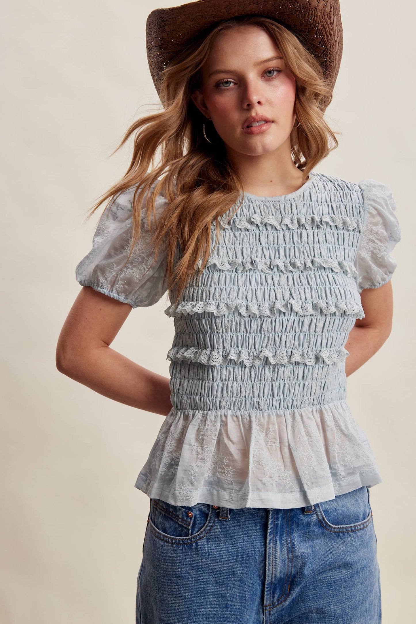 Listicle - Smocked Lace Puff Sleeve Top LT1472