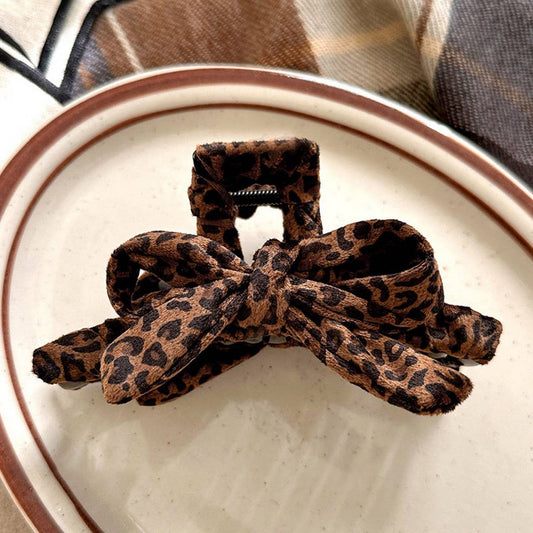 Leopard Bow Hair Claw Large Elegant Shark Clip