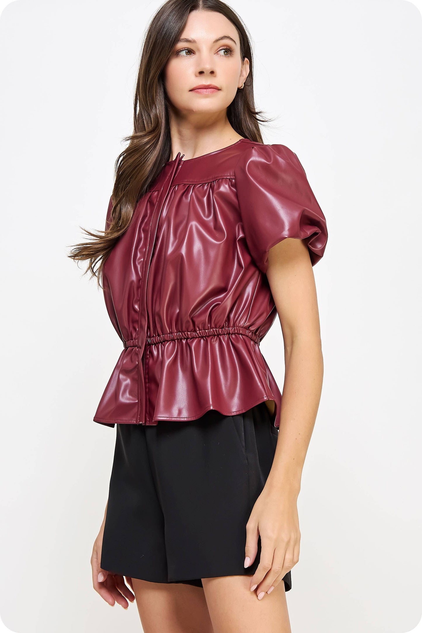 Faux Leather Puff Sleeve Top