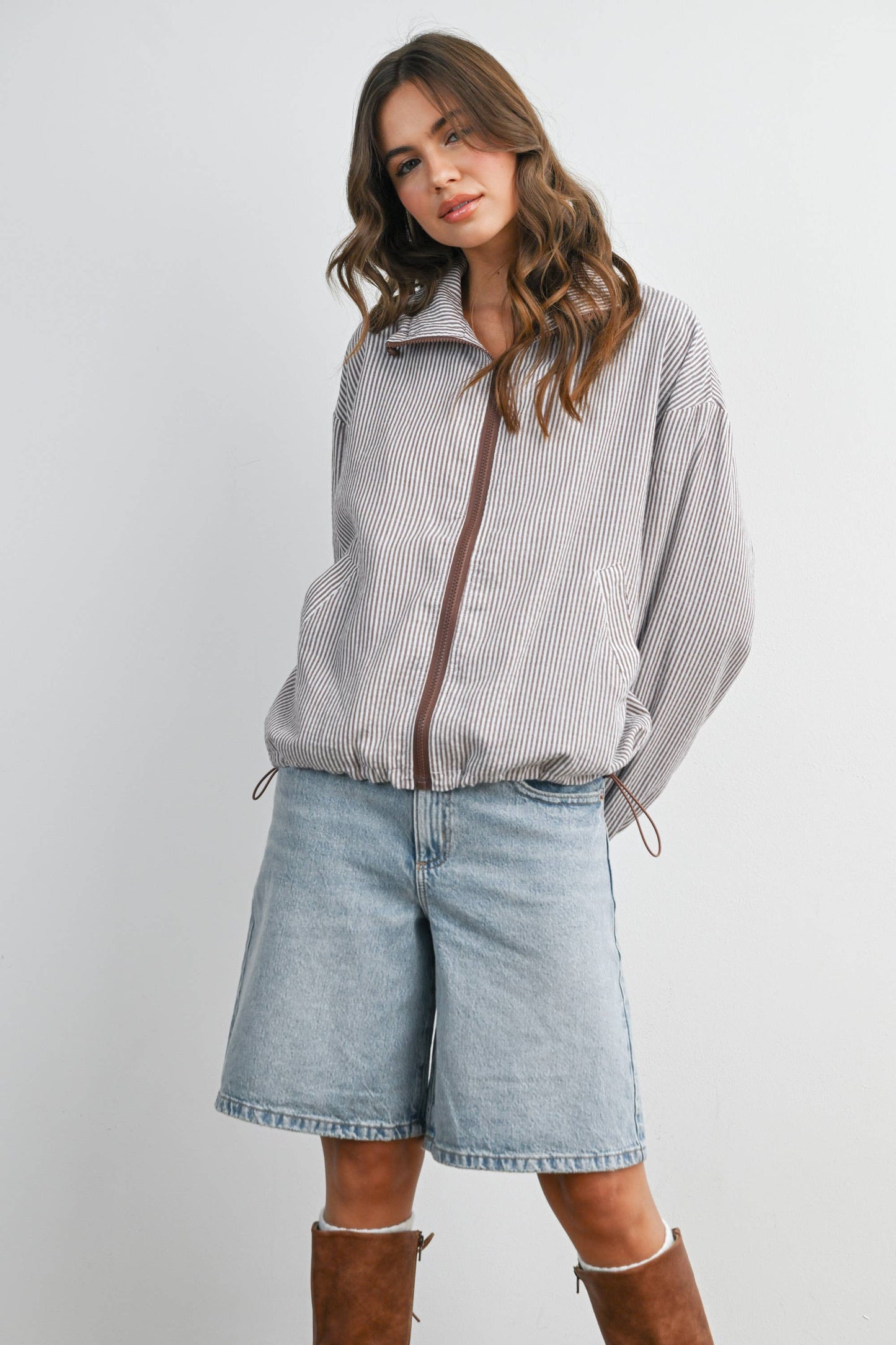 BUTTERMELON - Striped Collared Zip-Front Drawstring Jacket - BMJ7991: BROWN MULTI / L