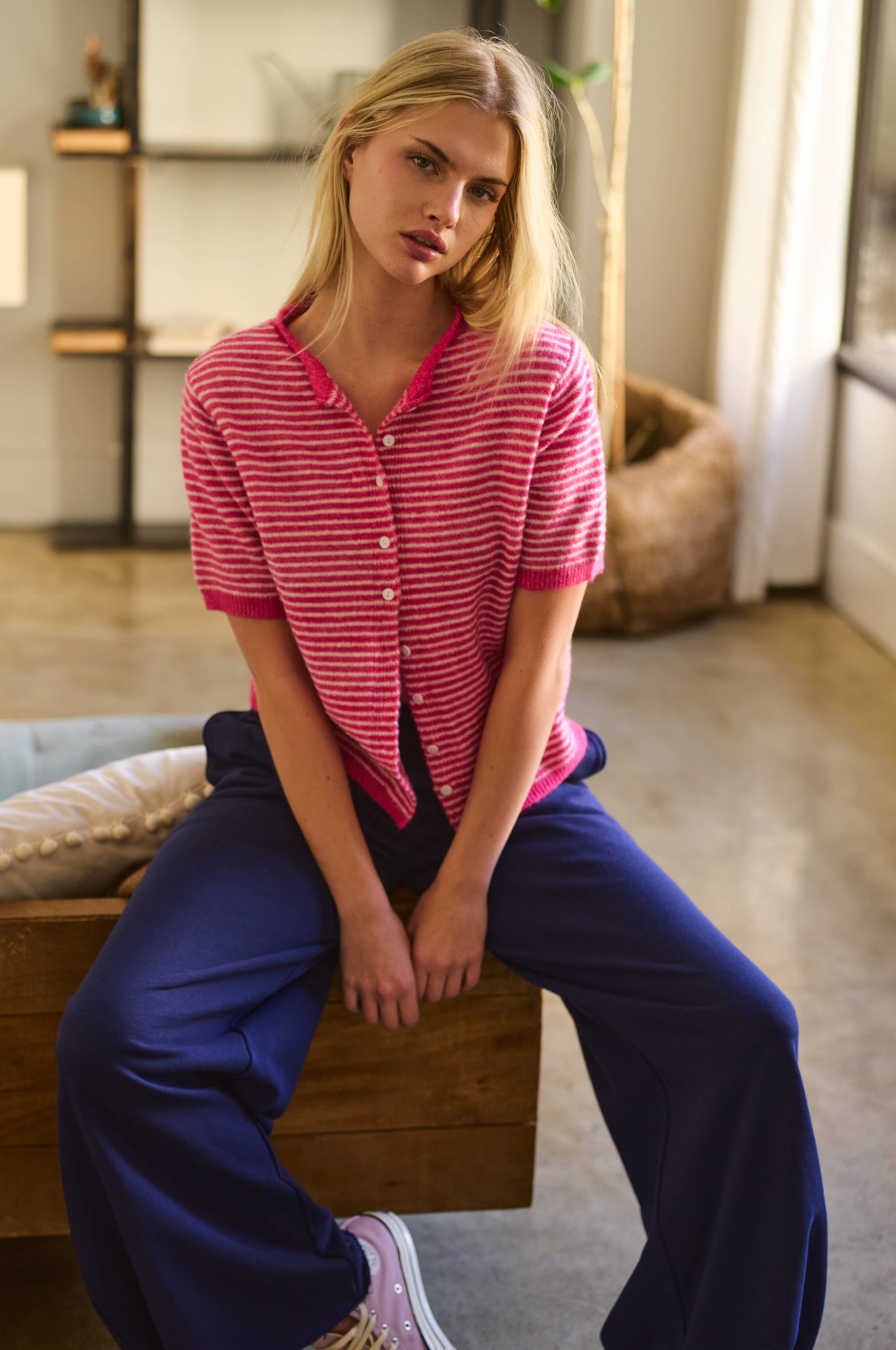 Mimosa - Striped Short Sleeve Button Cardigan