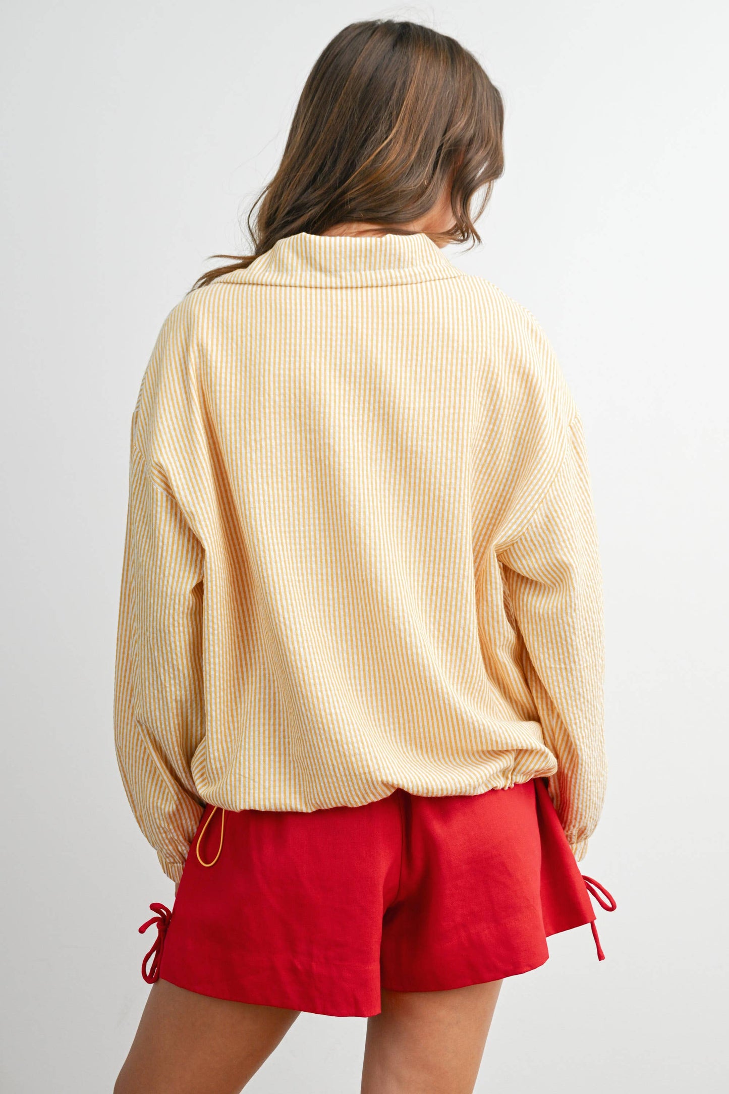 BUTTERMELON - Striped Collared Zip-Front Drawstring Jacket - BMJ7991: BROWN MULTI / S