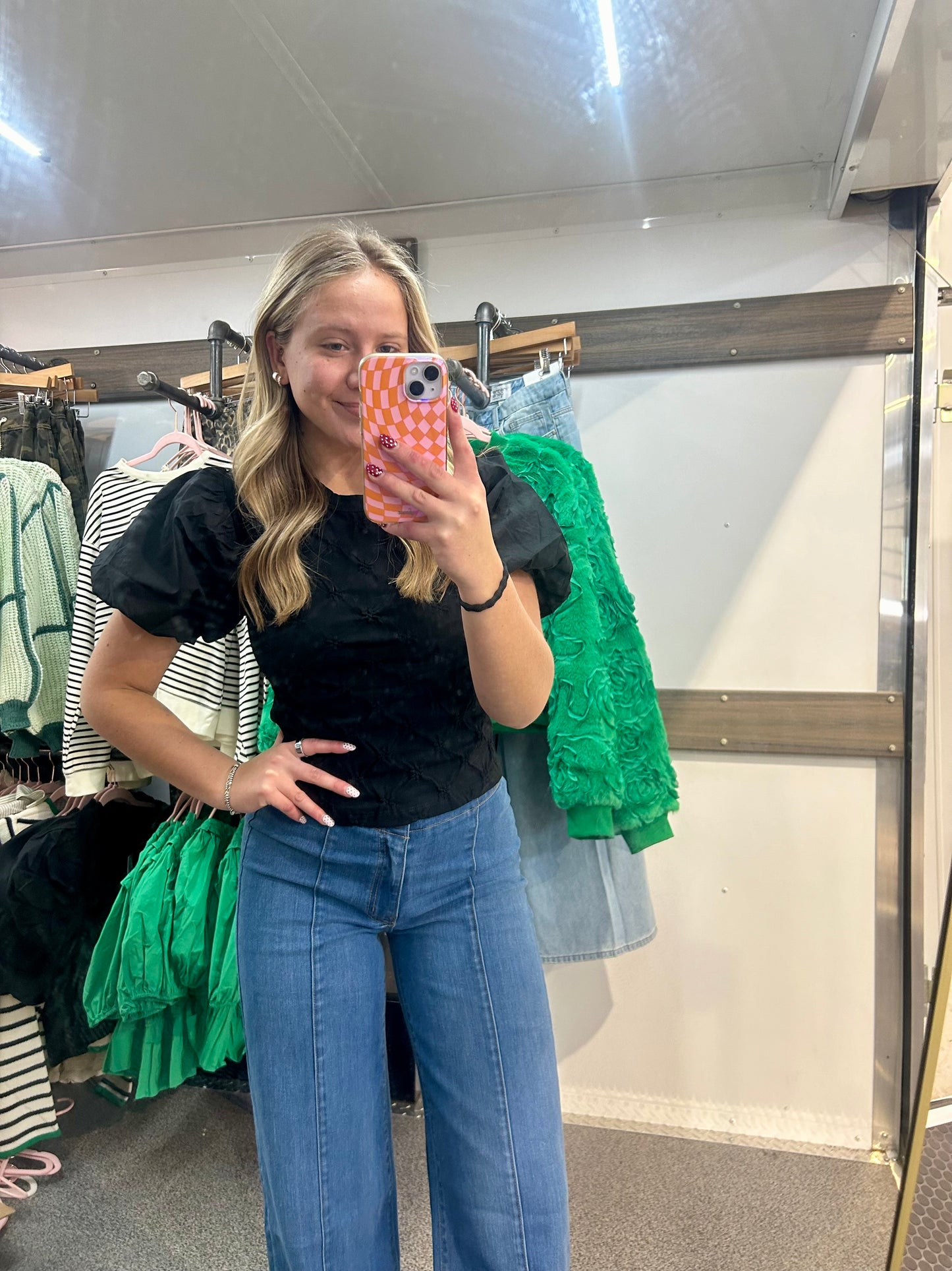 Flower Embossed Puff Sleeve Tee Top