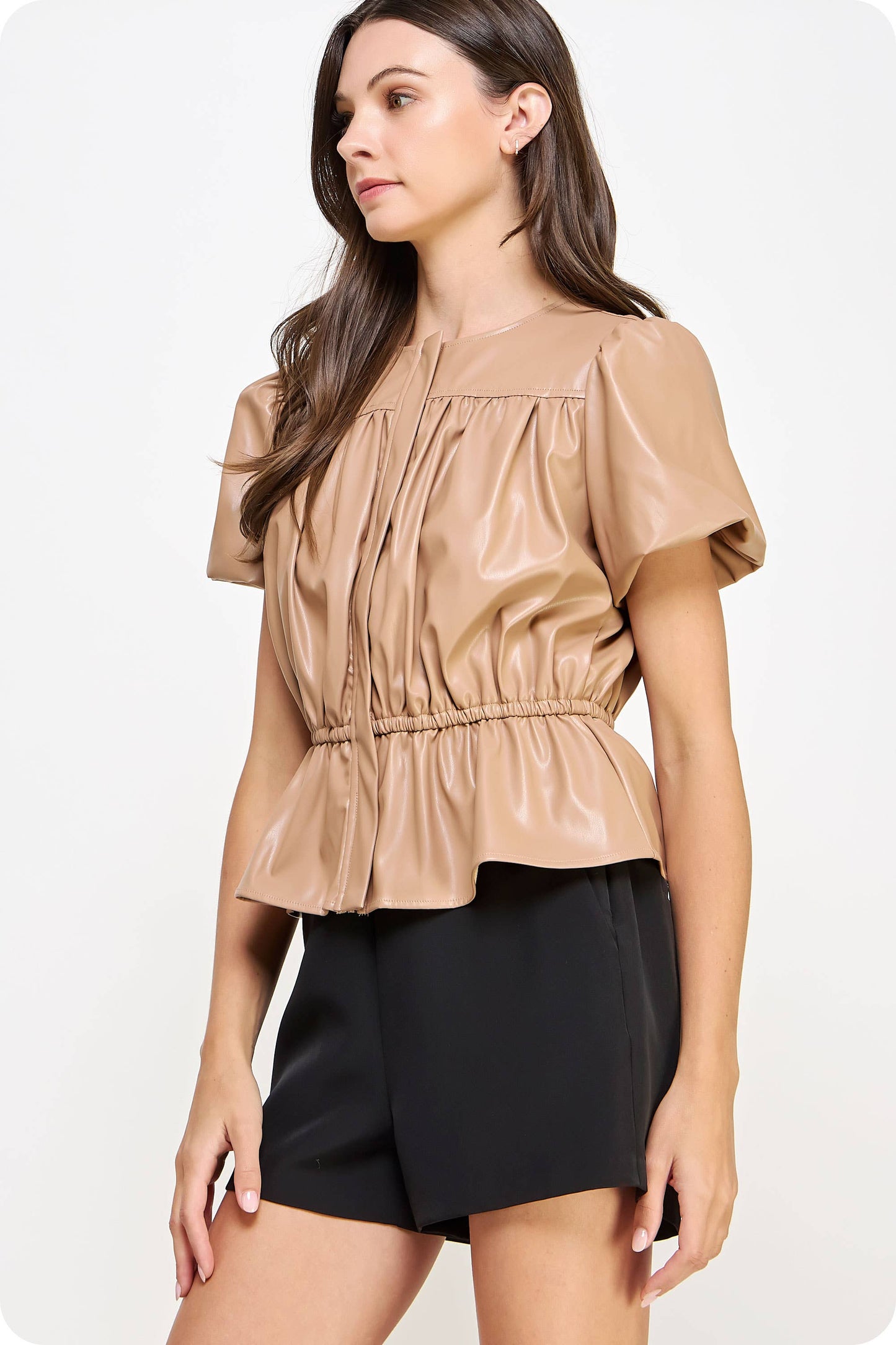 Faux Leather Puff Sleeve Top