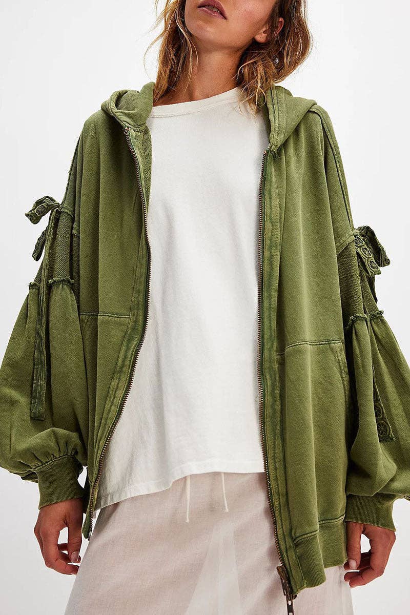 Mccolin - Tie-Sleeve Puff Zip-Up Hoodie
