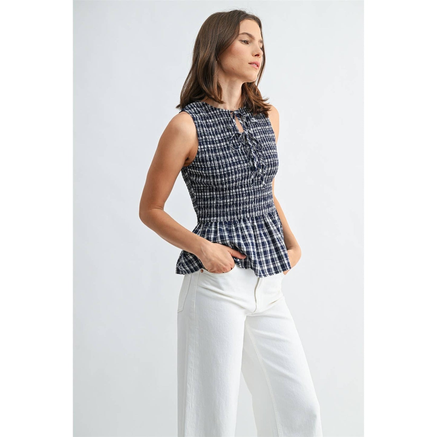 FUN2FUN - GINGHAM PRINTED SLEEVELESS PEPLUM TIE DETAIL SOCKED TOP