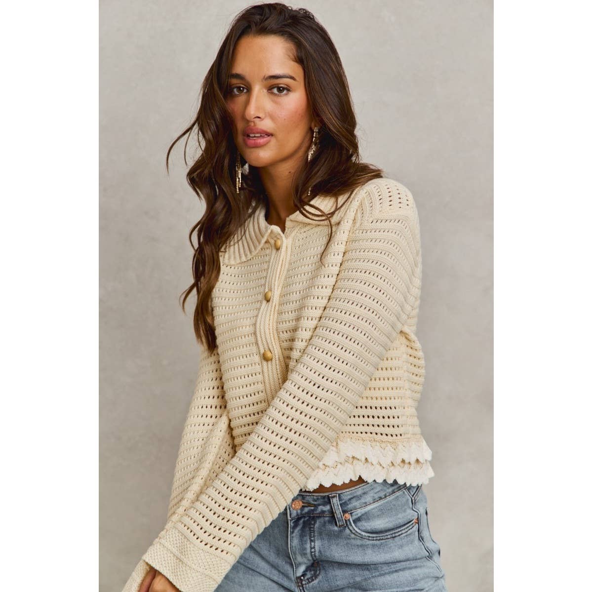 IVE - Textured Button Down Sweater Collared Cardigan