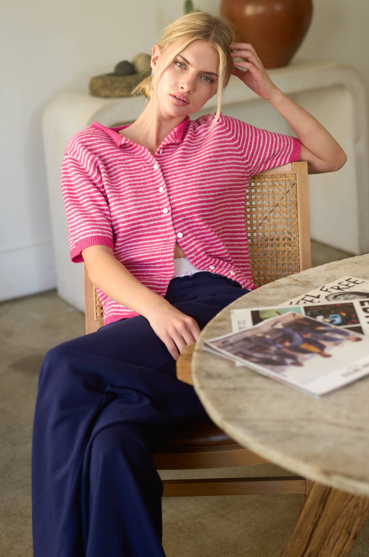 Mimosa - Striped Short Sleeve Button Cardigan